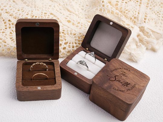 Personalized Wooden Wedding Ring Box with Engraved Engagement Proposal Holder