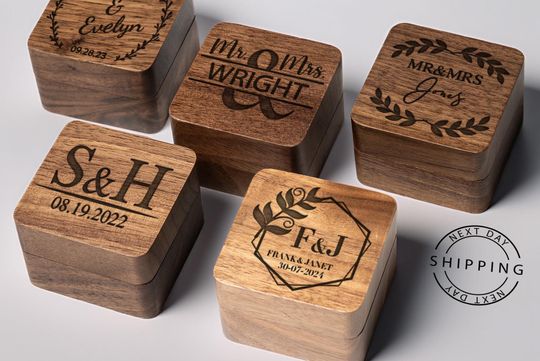 Custom Wooden Wedding Ceremony Ring Box, Personalized Engraved Engagement Ring Box, Square Ring Bearer