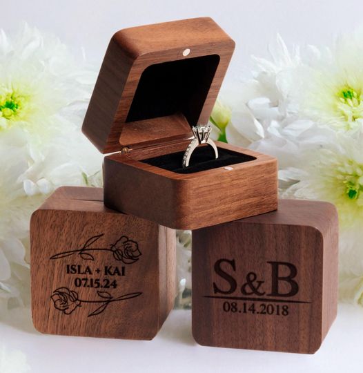 Personalized Walnut Wood Ring Box - Custom Wedding Ring Holder, Engagement Gift