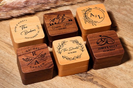 Custom Wooden Wedding Ceremony Ring Box, Personalized Engraved Engagement Ring Box, Square Ring Bearer