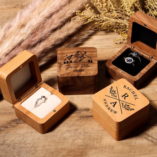 Personalized Engagement Ring Box, Custom Wooden Wedding Ceremony Ring Box, Square Ring Bearer