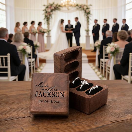 Discover Personalized Walnut Triple Ring Box (3 Slots), Engraved Ring Bearer Box, Custom Wedding Band Holder