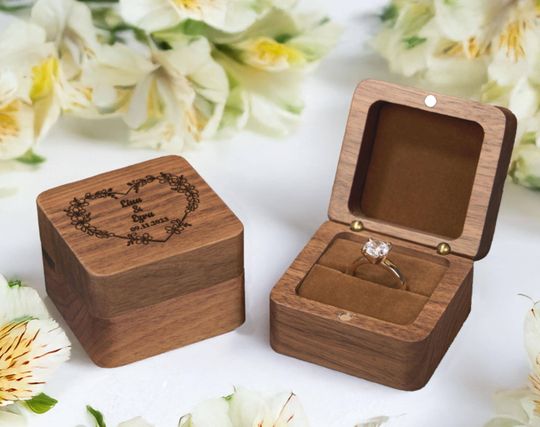 Personalized Walnut Wood Ring Box: Engraved Wedding Proposal Valentines Gift