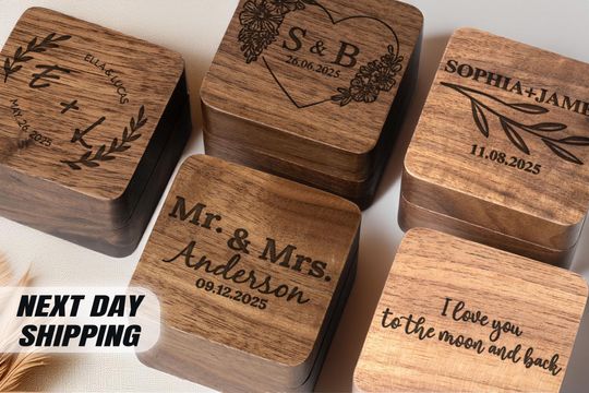 Custom Wooden Ring Box with Name & Date, Personalized Wedding Ring Holder