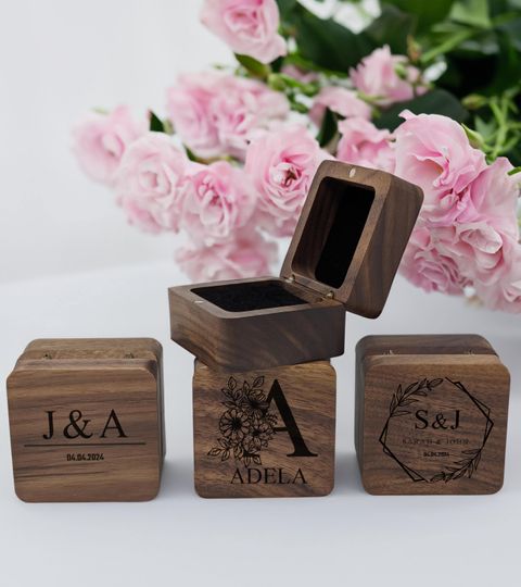 Custom Wooden Wedding Ceremony Ring Box, Personalized Engagement Ring Box, Square Ring Bearer