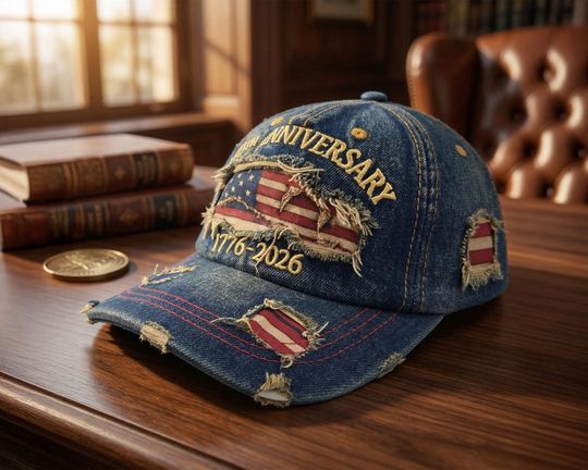 Distressed Denim American Flag Cap, 250th Anniversary Embroidered Baseball Hat
