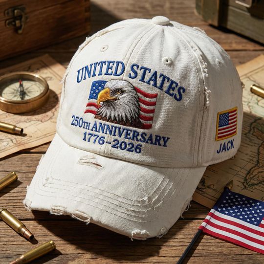 Custom Name United States 250th Anniversary Hat 17762026 White Eagle Embroidered Cap Patriotic USA Flag Embroidered in America Veteran Gift