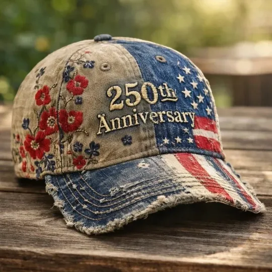 US 250th Anniversary Embroidered Denim Baseball Cap with American Flag and Floral Details
