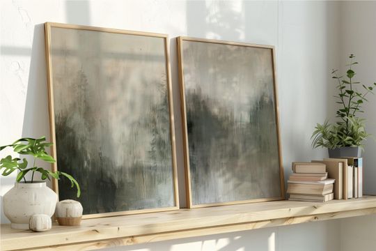 Discover Set of 2 Moody Forest Digital Art Prints | Grey, Sage Green & White Printable Decor | Misty Rain Diptych | Instant Download