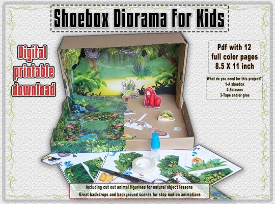 Discover Printable Ecology & Biology Shoebox Diorama, Create your own Rainforest Habitat 1:12 Scale Paper Animals, Instant Printable STEM Project