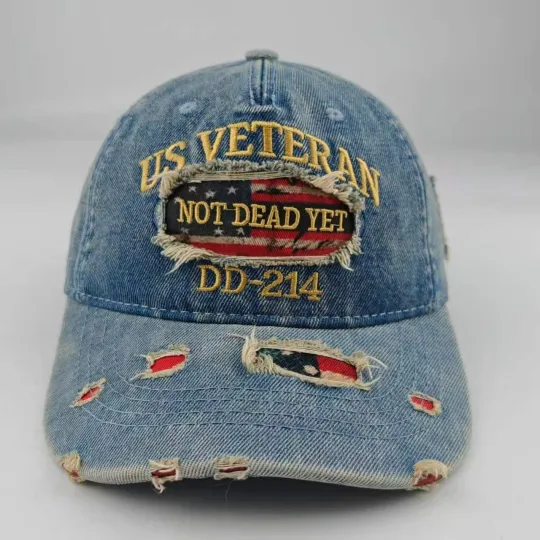 US Veteran DD-214 Not Dead Yet Distressed Denim Dad Hat | American Flag Men Cap