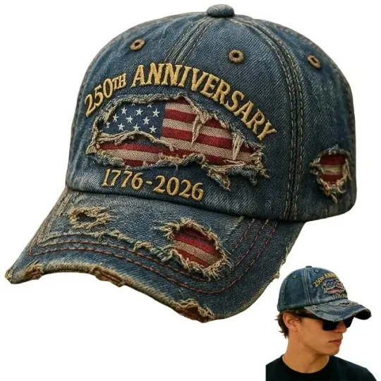 250th US Anniversary Patriotic Baseball Cap - Washed Denim Hat 1776-2026