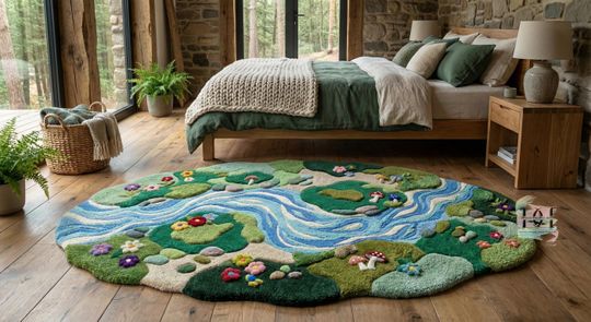 Discover Whimsical Forest River Rug -Hand Tufted Irregular Shape Moss Rug - Sculpted Nature Landscape carpet