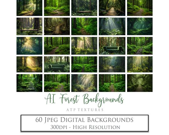 Discover 60 green forest AI Backgrounds, Magical Scene, Photo Overlays (Digital Download)