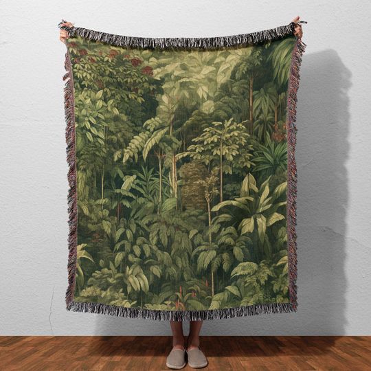 Discover Tropical Jungle Cotton Woven Blanket: Botanical Rain Forest Art Throw, Lush Green Exotic Leaves Nature Wall Tapestry