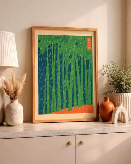 Discover Japanese Bamboo Forest Print, Rain Landscape Wall Art, Minimalist Zen Poster, Printable (Digital Download)