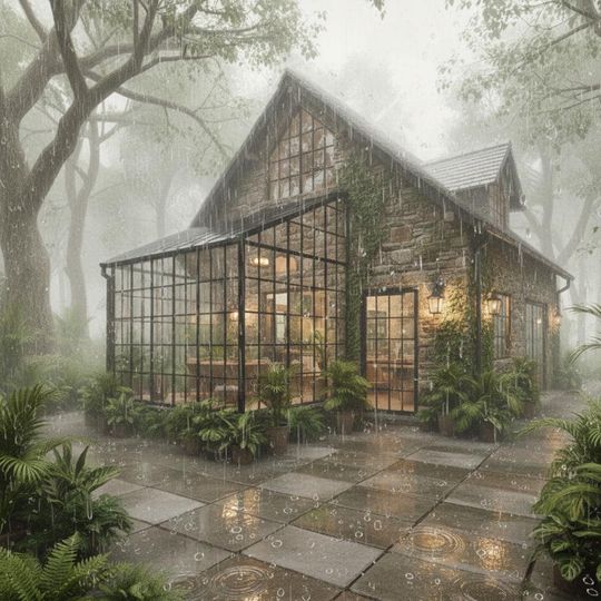 Discover Rainy Day Forest Cottage Digital Art | Moody Cabin Wall Decor | Dark Academia Aesthetic Print | Cozy Rain Atmosphere Instant Download |