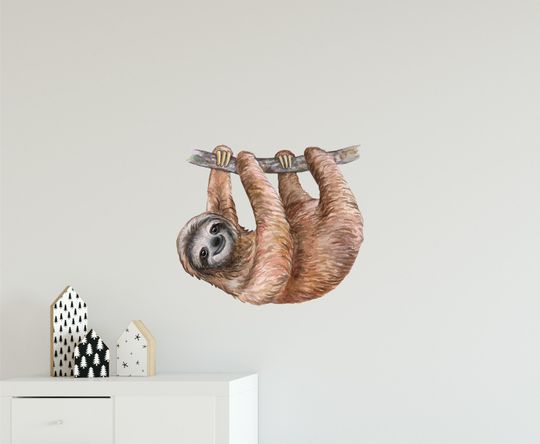 Sloth #1 Wall Decal Tropical Rain Forest Animal Wall Sticker Sloth On Tree Limb Removable Fabric  Jungle Safari Kids Nursery Decor