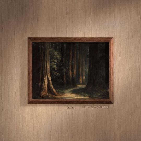 Ancient Forest Path Printable Wall Art, Redwood Painting Fine Art Print, Old Woodland Trees Artwork Digital Download, GV4373