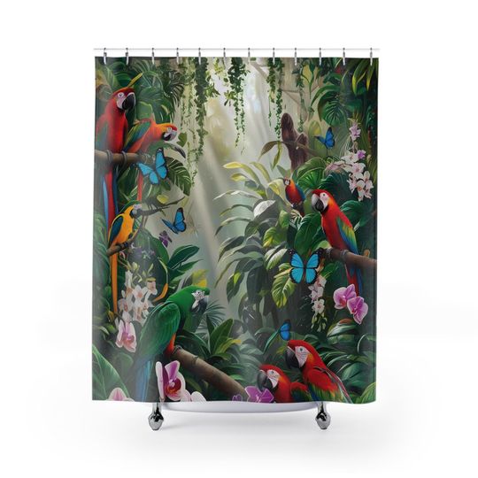 Design A  Shower curtain of Exotic birds and butterflies, rain forest foliage motif.