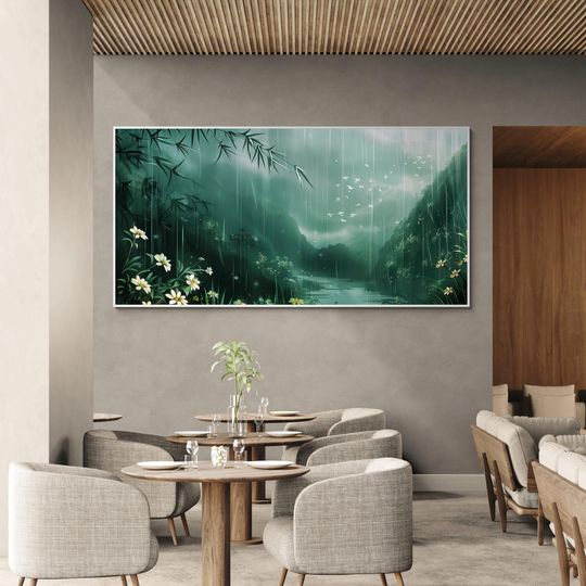 Discover Chinese Nature Landscape Canvas Print Feng Shui Painting Wall Art Spring Rain Bamboo Forest Mountain Scenery White Flowers Lush Greens Decor