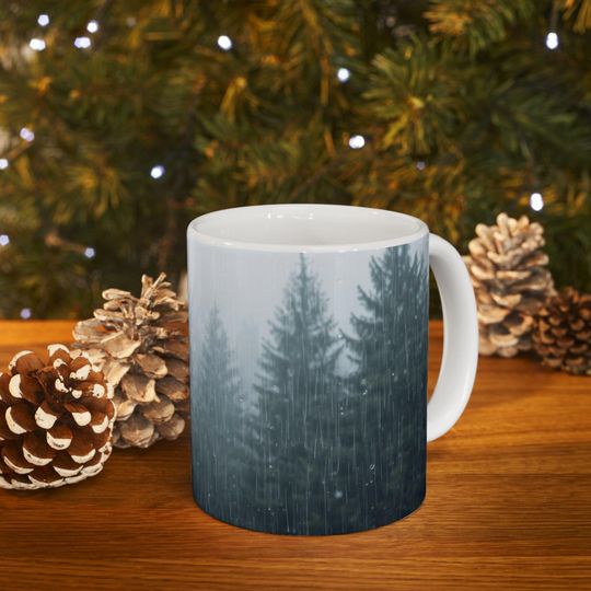 Discover Rainy Afternoon Ceramic Mug, Pine Forest Coffee Cup, Cozy Nature Drinkware, Rain Lover Gift