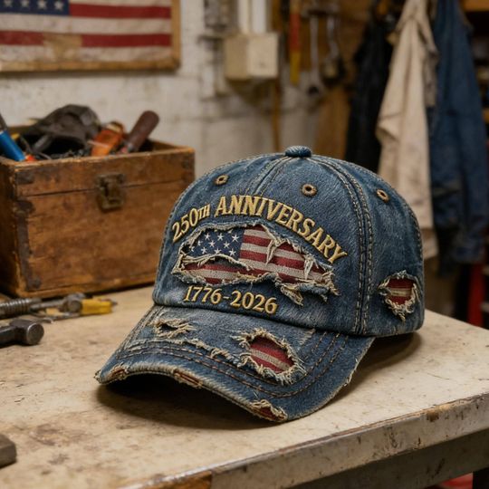 Embroidered Distressed USA 250th Anniversary Baseball Cap,Patriotic Trucker Hat