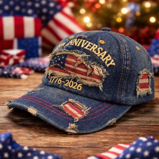 Vintage 250th Anniversary Embroidered Hat, USA Eagle Denim Cap, 1776 2026 American Flag Distressed Baseball Cap, Father Day's Gift Ideas