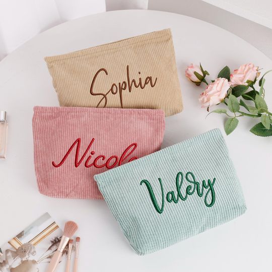 Personalized Embroidered Corduroy Makeup Bag/ Bridesmaid Makeup Bag/ Monogramed Toiletry Bag/ Custom Makeup Bag/ Bridesmaid Gift/ Christmas