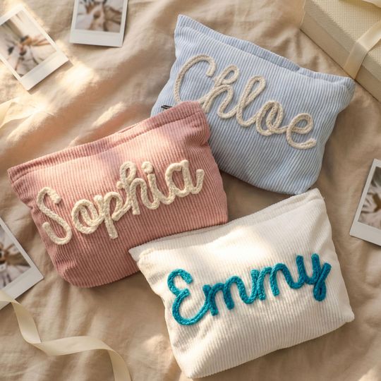Custom Makeup Bag, Embroidered Corduroy Pouch, Best Friend Birthday Gift for Her, Personalized Bridesmaid Proposal, Makeup Organizer