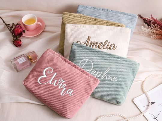 Personalized Embroidered Name Corduroy Makeup Bag,Bridesmaid Makeup Bag,Custom Corduroy Makeup Bag,Monogramed Toiletry Bag,Bridesmaid Gift