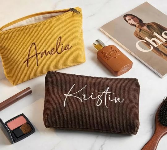 Personalized Corduroy Makeup Bag, Custom Embroidered Name Cosmetic Pouch, Zipper Toiletry Organizer for Travel