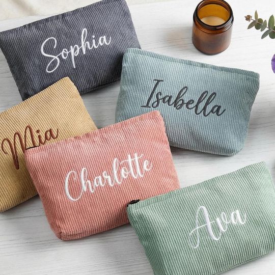 Personalized Corduroy Makeup Bag with Embroidered Name  Custom Cosmetic Pouch, Travel Toiletry Organizer Gift for Her