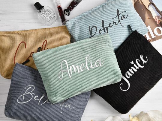 Custom Embroidered Name Corduroy Makeup Bag,Monogrammed Toiletry Bag,Bridesmaid Makeup Bag,Bridesmaid Gift,Women Toiletry Bag,Gift for Her
