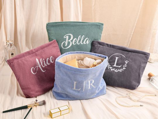Personalized Corduroy Makeup Bag, Bridesmaid makeup Gift Bag, Makeup bag, Embroidered Cosmetic Bag, Gift for Women, Wedding Party Gifts Bag