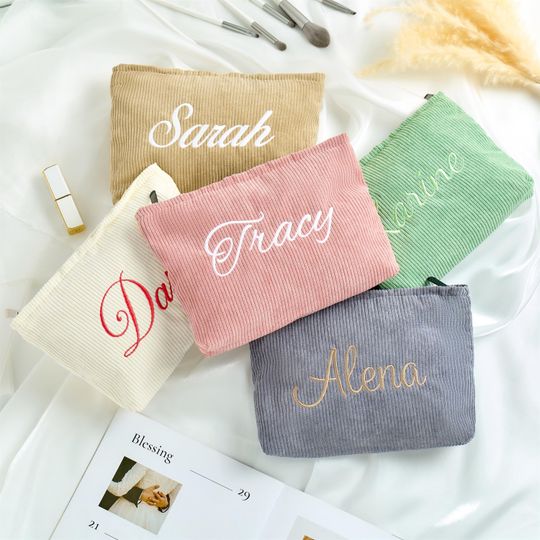 Embroidered Corduroy Cosmetic Bag, Personalized Makeup Bag, Embroidered Monogramed Toiletry Bag for Women, Christmas Gifts, Bridesmaid Gifts