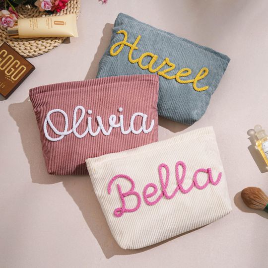 Personalized Corduroy Makeup Bag, Bridesmaid Gifts Pouch, 3D Yarn Name Toiletry Bag,Bridesmaid Gifts,Bachelorette Party Favors,Gift for Her