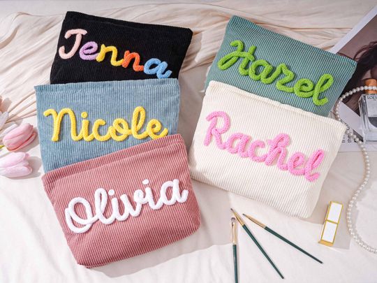 Personalized Corduroy Travel Toiletry Bag,Bridesmaid Gift,Custom Chenille Name Corduroy Makeup Bag,Travel Toiletry Bag,Birthday Gift for Her