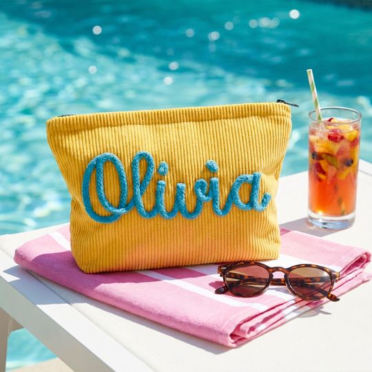 Custom Makeup Bag, Embroidered Corduroy Pouch, Best Friend Birthday Gift for Her, Personalized Bridesmaid Proposal, Makeup Organizer