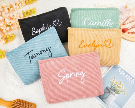 Embroidered Monogramed Toiletry Bag, Personalized Corduroy Makeup Bag, Women Gifts, Bridesmaid Gifts