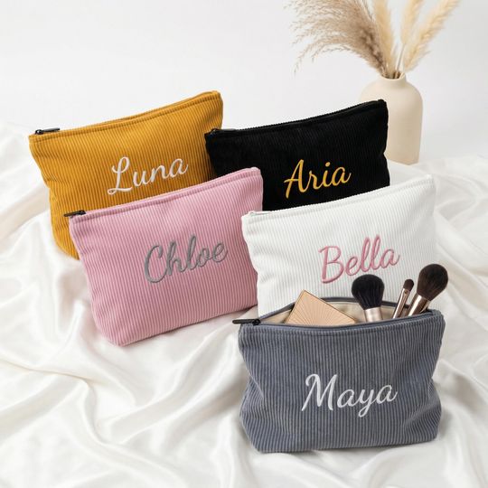 Personalized Corduroy Makeup Bag, Embroidered Name Cosmetic Bag, Bridesmaid Gift, Travel Makeup Pouch