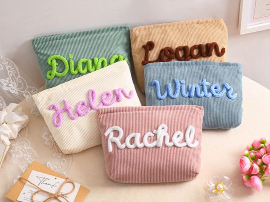 Personalized Corduroy Makeup Bag,Custom Corduroy Zipper Pouch,Bridesmaid Gift bag,Wedding favor gift,Travel Toiletry Bag,Gift for Her