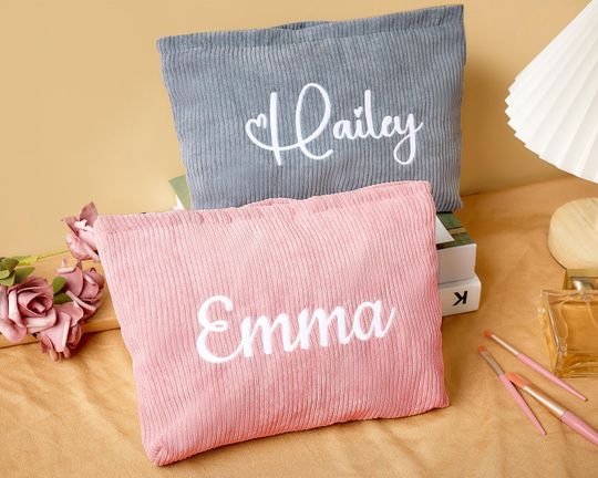 Personalized Embroidered Makeup Bag, Corduroy Cosmetic Bag, Bridal Shower, Travel Makeup Pouch, Women Toiletry Bag,Bridesmaid Gift,Christmas