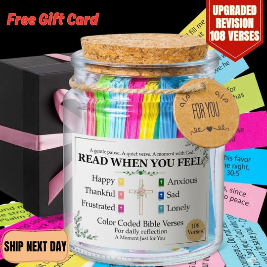 Bible Verse Jar - 108 Verses Upgraded Version, Color Coded Scriptures for Emotions, Christian Encouragement Gift