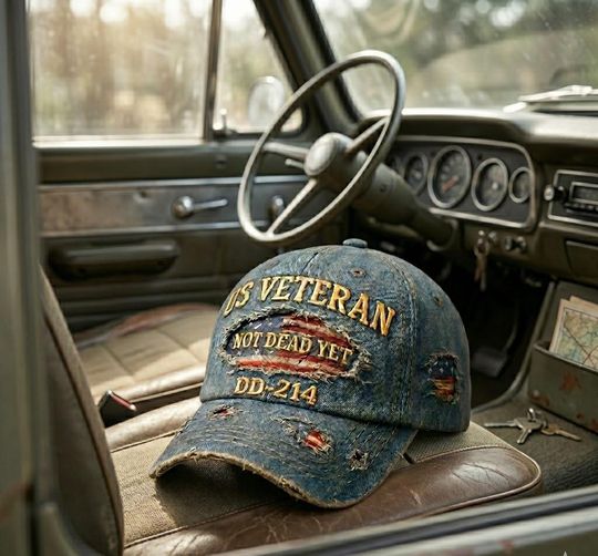 US Veteran Hat, Not Dead Yet Cap, DD214 Distressed Denim Baseball Hat, American Flag Embroidered Cap, Proud Military Veteran Gift Ideas