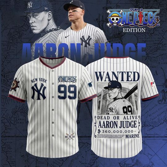 Discover New York Yankees x One Piece 2026 Wanted Aaron Judge Bounty Hunter Baseball Jersey
