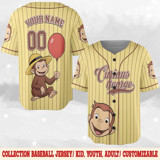 Discover Curious George Monkey Baseball Jersey, Cartoon Kids Show George Shirt, Funny Animal Book Gift Shirt, Custom Name George Monkey Jersey