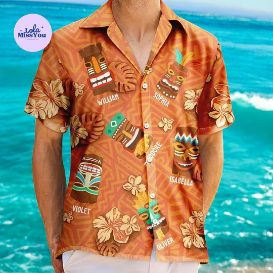 Discover Personalized Tiki Hawaiian Shirt, Custom Name Tropical Button Up, Polynesian Mask Print Shirt