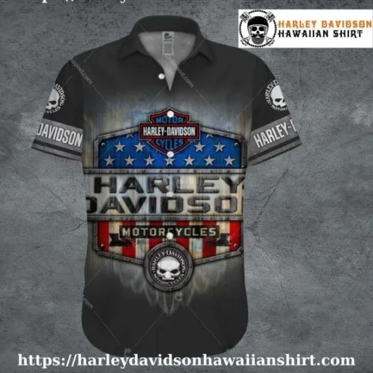 Discover American Flag Shield Harley Motor Racing Davidsonn Hawaiian Shirt unisex Adult