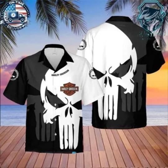 Punisher Harley Motor Racing Davidsonn Black Aloha Shirt – Harley Motor Racing D